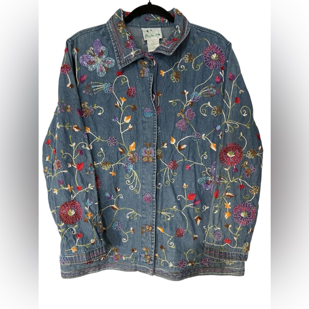 Vintage Quacker Factory Jean Jacket with Floral Embroidery